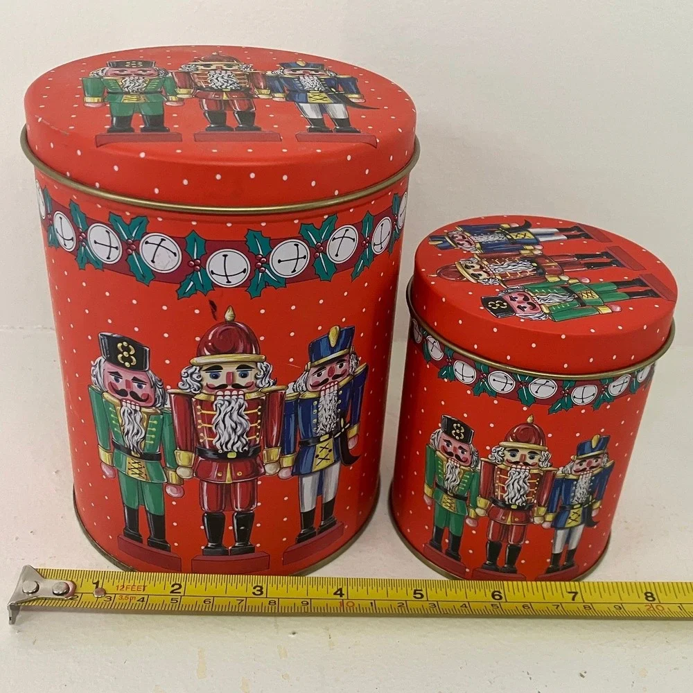 Christmas Nutcracker Red Nesting Metal Cookie Tin Holiday Trinket Storage Setof2